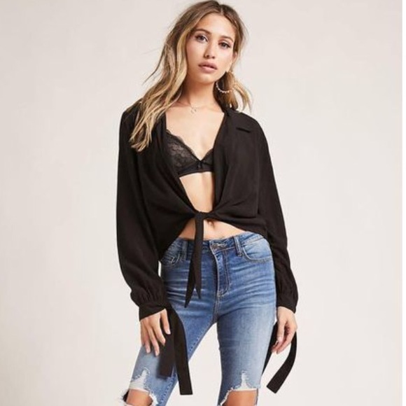 Forever 21 Black Woven Open Tie Front Top Small - Picture 4 of 4